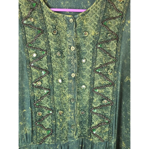 Vintage Boho Embroidered Tunic Dress Green Gold Long Sleeve Flowy Ethnic 2X - Picture 3 of 6